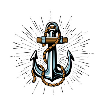 Ship anchor with rope. Sea adventure, seafaring symbol. Nautical concept vector illustration