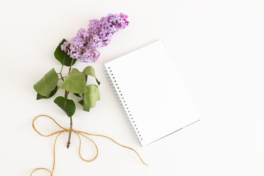 Lilac branch, notebook on a white wooden background. Spring background