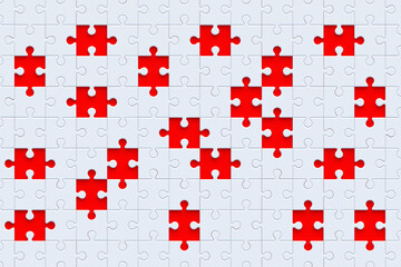 Unfinished white jigsaw puzzle pieces on red background. Top view. 3d render