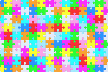 Background of connected colorful puzzle jiggle pieces. Top view. 3d render