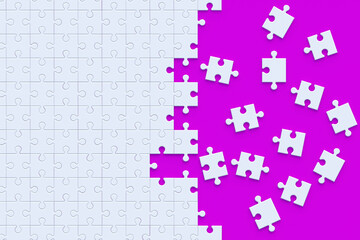 Lot of unfinished jigsaw puzzle pieces on violet background. Top view. 3d render