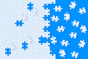Fototapeta premium Unfinished jigsaw puzzle pieces on blue background. 3d render