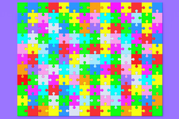 Many connected colorful puzzle jiggle pieces on violet background. 3d render