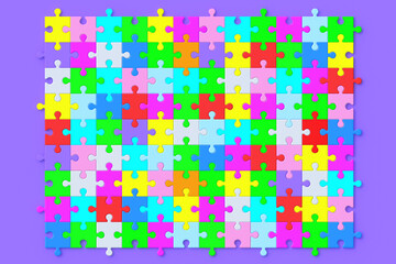 Unfinished colorful puzzle jiggle pieces on violet background. 3d render