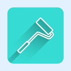White line Paint roller brush icon isolated with long shadow background. Green square button. Vector