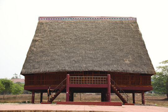 Bright summer day with a traditional communal house in Pleiku, Vietnam