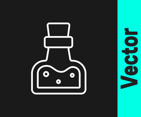 White line Bottle with potion icon isolated on black background. Flask with magic potion. Happy Halloween party. Vector