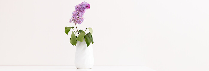 Lilac flowers in white vase on white table