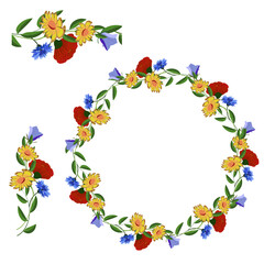 Flower decorative elements including round frame, seamless strip. Poppy, daisy, bluebell flowers.