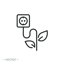 socket with eco energy icon, renewable nature electricity, green power, thin line symbol on white background - editable stroke vector illustration
