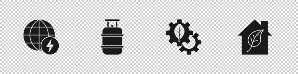 Set Global energy power planet, Propane gas tank, Leaf plant in gear machine and Eco friendly house icon. Vector