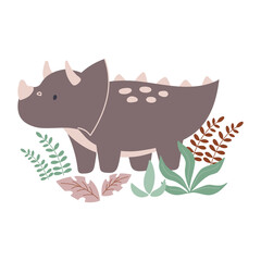 Cute cartoon dinosaur in the leaves on white background. Vector illustration in flat cartoon style.