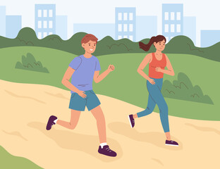 Young people jogging in city park in summer. Group of runners running along path, training outdoors.