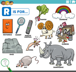 letter r words educational set with cartoon characters - obrazy, fototapety, plakaty