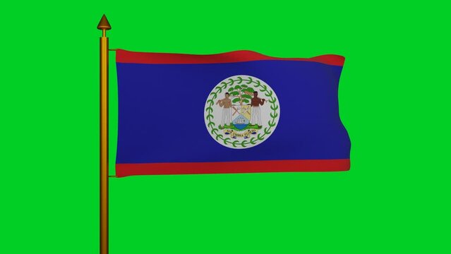 National flag of Belize waving 3D Render with flagpole on chroma key, independence day Belize was 21 September 1981, Belize flag textile and Coat of Arms and sign Sub Umbra Floreo. 4k footage