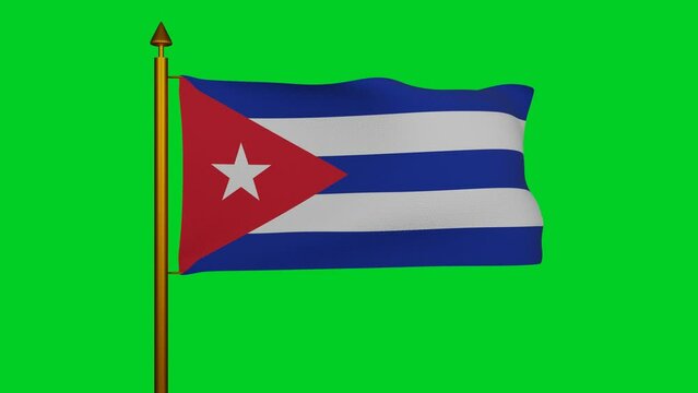 National flag of Cuba waving 3D Render with flagpole on chroma key, Bandera de Cuba or Estrella Solitaria and Lone Star flag, Republic of Cuba flag textile. High quality 4k footage
