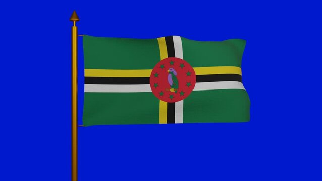 National flag of Dominica waving 3D Render with flagpole on chroma key, Commonwealth of Dominica flag textile designed by Alwin Bully, Dominica independence day. High quality 4k footage