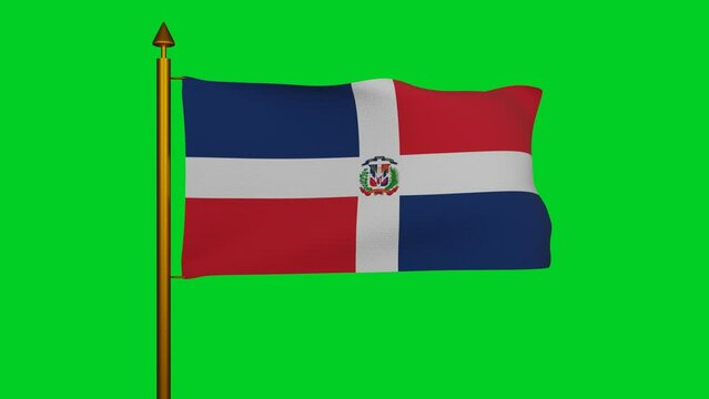 National flag of Dominican Republic waving 3D Render with flagpole on chroma key, Dominican flag textile designed by Juan Pablo Duarte, Dominican Republic independence day. High quality 4k footage