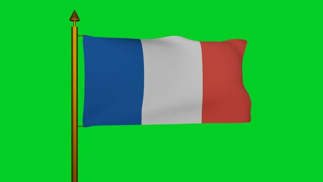 National flag of France waving 3D Render with flagpole on chroma key, drapeau francais tricolour or French Tricolour, ancient French colour or cockade of France, flag French Republic. 4k footage