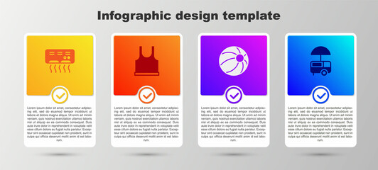 Set Air conditioner, Sleeveless T-shirt, Beach ball and Fast street food cart. Business infographic template. Vector