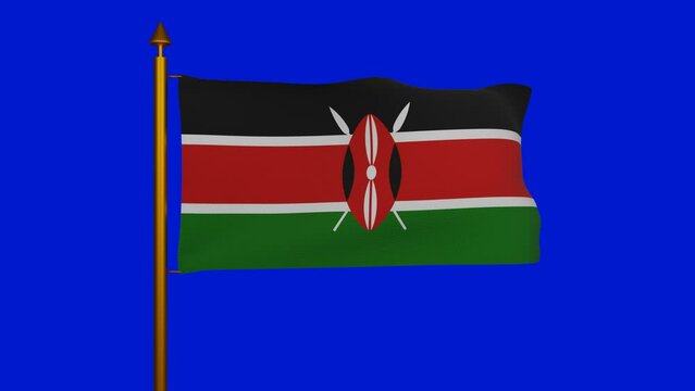 National flag of Kenya waving 3D Render with flagpole on chroma key, Republic of Kenya flag textile with Maasai shield, coat of arms Kenya independence day, Bendera ya Kenya. High quality 4k footage