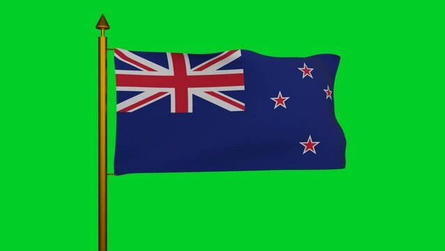 National flag of New Zealand waving 3D Render with flagpole on chroma key, Republic New Zealand flag textile Designed by Albert Hastings Markham, coat of arms New Zealand independence day. 4k footage