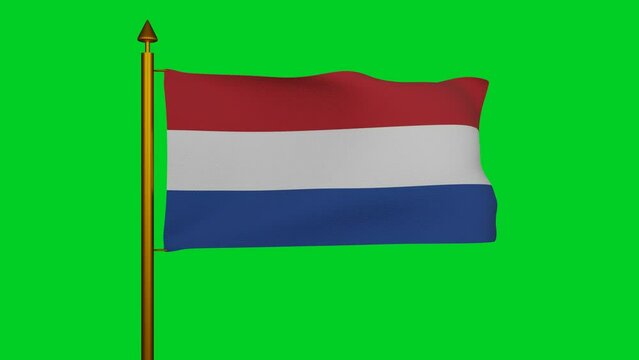 National Flag of the Netherlands waving 3D Render with flagpole on chroma key, Holland tricolour flag, de Nederlandse vlag, Kingdom of the Netherlands flag Dutch. High quality 4k footage