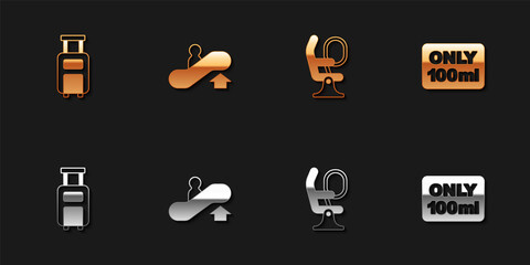 Set Suitcase, Escalator up, Airplane seat and Liquids in carry-on baggage icon. Vector