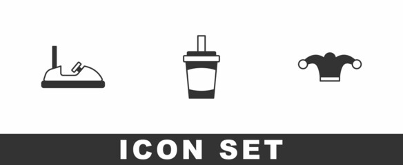 Set Bumper car, Paper glass with water and Jester hat bells icon. Vector