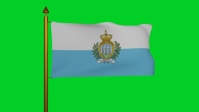 National flag of San Marino waving 3D Render with flagpole on chroma key, Republic of San Marino flag textile or Repubblica di San Marino, coat of arms San Marino independence day. 4k footage