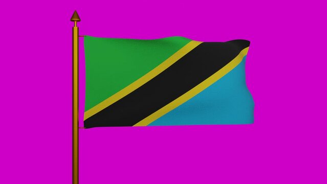 National flag of Tanzania waving 3D Render with flagpole on chroma key, United Republic of Tanzania flag textile or Swahili bendera ya Tanzania, coat of arms Tanzania independence day. 4k footage