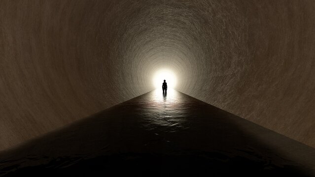 alone in dark tunnel into the light