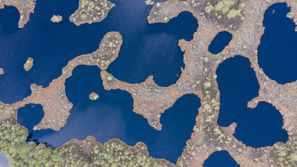 Aerial top down view to peatland lake patterns in Sooomaa, NP, Estonia