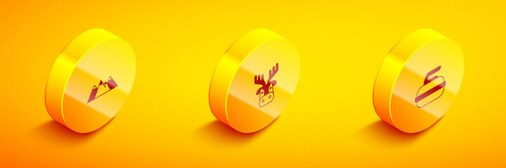 Set Isometric Mountains, Deer head with antlers and Stone for curling icon. Vector