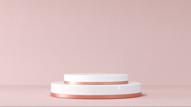 Pastel pink podium empty showcase pedestal product display for product presentation. Composition with round scene. Geometry with crystals. Abstract blank platform. Round scene. 3d Rendering