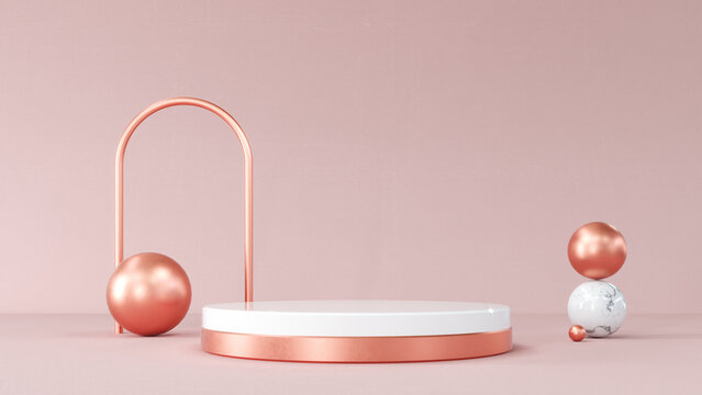 Composition with round scene.geometry with spheres. Abstract Pastel pink geometric shape blank platform. Podium empty showcase pedestal product display for cosmetic presentation. 3d Rendering