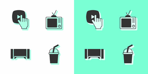 Set Paper glass with water, Online play video, Smart Tv and Retro tv icon. Vector
