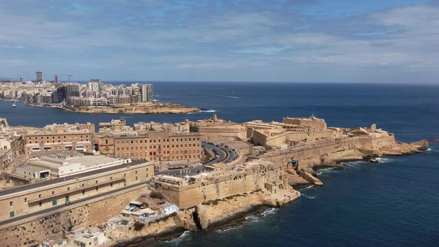 Flying over Valletta in Malta. St Elmo historic building