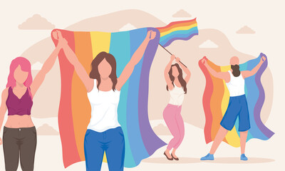 group of lesbians with lgbtq flags - obrazy, fototapety, plakaty