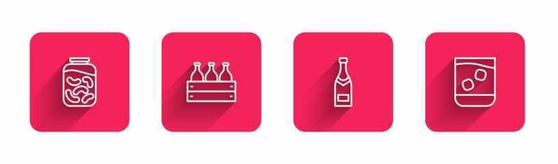 Set line Pickled cucumbers in a jar, Bottles of wine wooden box, Champagne bottle and Glass whiskey with long shadow. Red square button. Vector