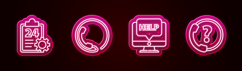 Set line Checklist with 24 hours service, Telephone support, Computer monitor and help and . Glowing neon icon. Vector