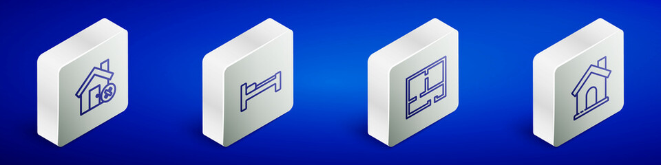 Set Isometric line House with wrong mark, Bed, plan and icon. Vector