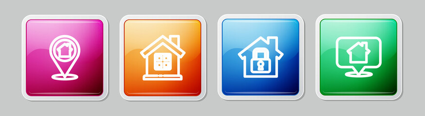 Set line Location with house, House, under protection and . Colorful square button. Vector
