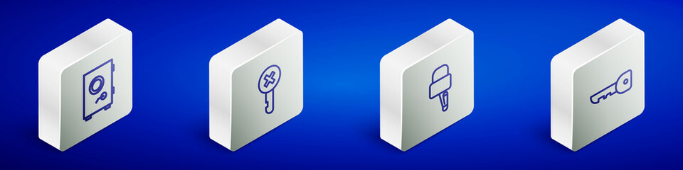 Set Isometric line Safe, Wrong key, Lock picks for lock picking and Key icon. Vector