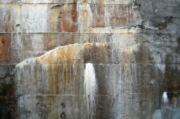 Old decaying painted wall background with multiple layers of paint and paint dripping marks