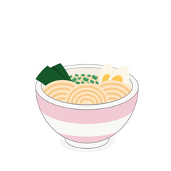 Ramen - miska zupy z kluskami, ugotowanym jajkiem, nori. Wektorowa ilustracja posiłku w stylu azjatyckim. Tradycyjne japońskie lub chińskie jedzenie.