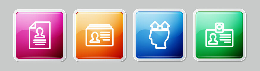 Set line Resume, , User of man and Identification badge. Colorful square button. Vector
