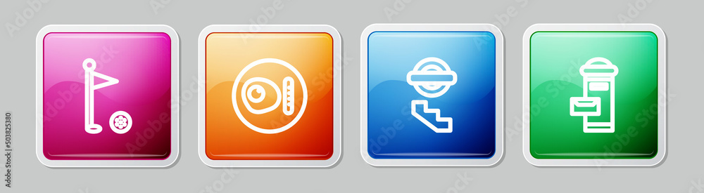 Sticker Set line Golf flag, British breakfast, London underground and mail box. Colorful square button. Vector