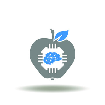 Vector illustration of apple with microchip and brain. Icon of food tech. Sign of smart innovative agriculture. Symbol of food technology.