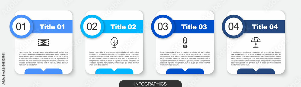 Sticker set line ticket, tree, and sun protective umbrella. business infographic template. vector